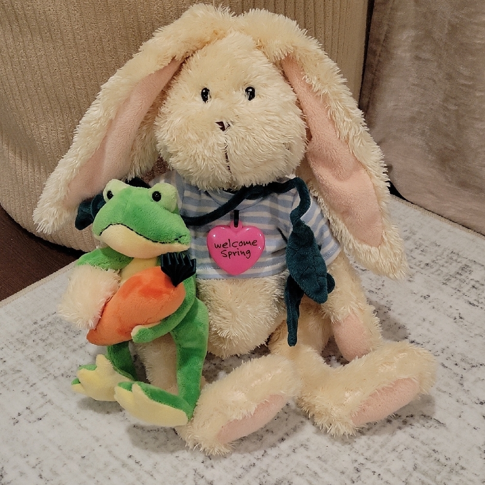 Plush Cream Bunny with Green Frog Toy From Books Are Fun